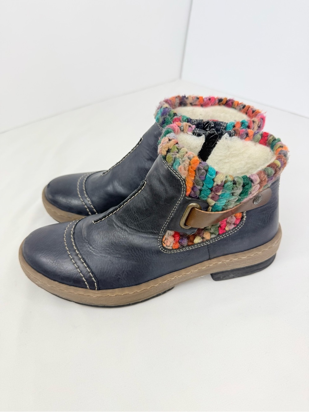 Rieker FELICITAS Ocean Blue Leather Multicolor Yarn Wool Fleece Zip Ankle Boots - Picture 3 of 16